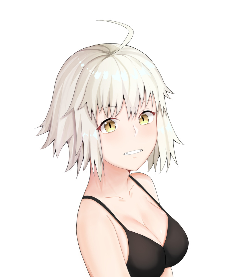 1girl ahoge bangs breasts collarbone eyebrows_behind_hair eyebrows_visible_through_hair fate/grand_order fate_(series) hair_between_eyes highres jeanne_d'arc_(alter)_(fate) jeanne_d'arc_(fate)_(all) lizhiyu looking_at_viewer silver_hair simple_background smile solo strap_gap underwear upper_body white_background yellow_eyes