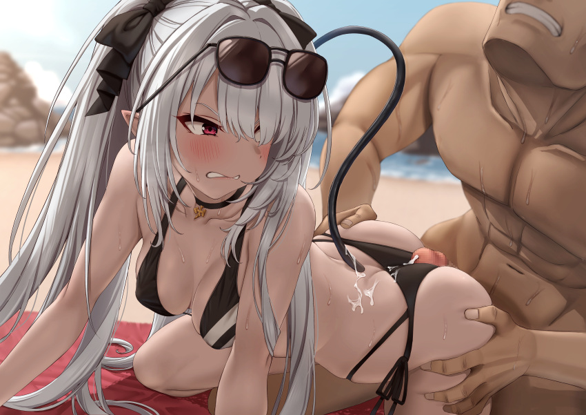 1boy 1girl absurdres all_fours bangs bare_shoulders bikini blue_archive blush breasts buttjob cleavage clenched_teeth collarbone green_hair grinding highres iori_(blue_archive) long_hair medium_breasts momo_no_sukebe penis penis_on_ass red_eyes swimsuit teeth