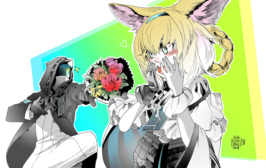 1girl 1other 2021 animal_ear_fluff animal_ears aqua_hairband arknights black_jacket blue_hairband blush commentary doctor_(arknights) earpiece english_commentary flower fox_ears fox_girl gloves green_eyes hairband hands_over_mouth heart helmet highres hood hood_up hooded_jacket jacket kitsune multicolored multicolored_background octodeco open_mouth oripathy_lesion_(arknights) platinum_blonde_hair single_glove suzuran_(arknights)