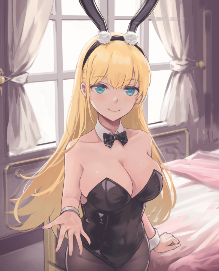 1girl absurdres animal_ears azur_lane bed black_leotard black_neckwear blonde_hair blue_eyes bow bowtie breasts cleavage commentary_request highres indoors large_breasts leotard long_hair looking_at_viewer north_carolina_(azur_lane) north_carolina_(the_heart's_desire)_(azur_lane) official_alternate_costume pantyhose playboy_bunny rabbit_ears rabbit_tail solo tail window wrist_cuffs yinghuahua