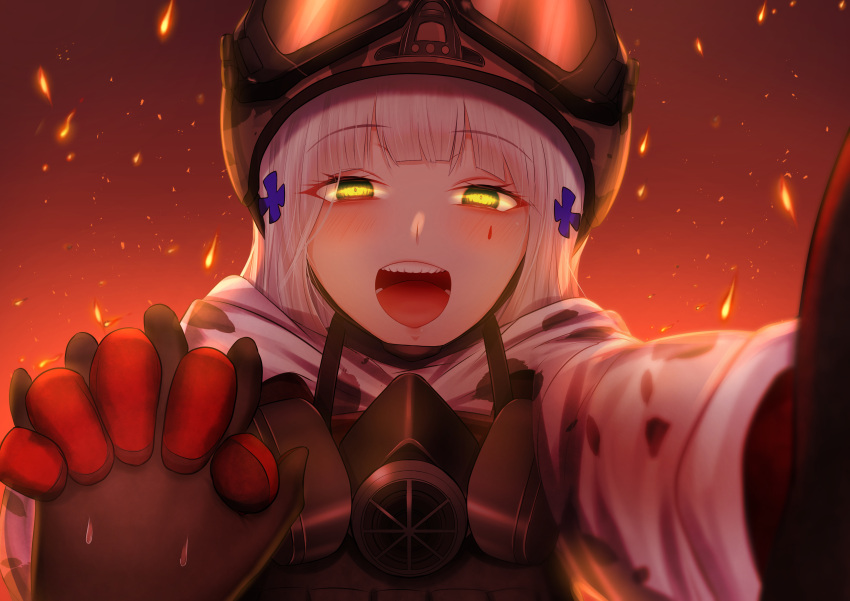 1girl absurdres bangs blunt_bangs blush coat eyebrows_visible_through_hair facial_mark fire gas_mask girls'_frontline gloves goggles goggles_on_headwear green_eyes guchagucha helmet highres hk416_(fang)_(girls'_frontline) hk416_(girls'_frontline) holding_hands mask mask_around_neck pov red_gloves silver_hair solo tom_clancy's_the_division upper_teeth white_coat yandere