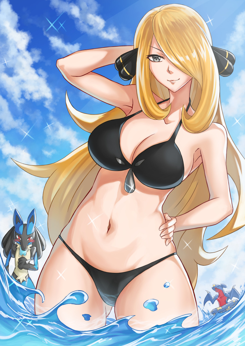 1girl absurdres arm_behind_head ass_visible_through_thighs bikini black_bikini blonde_hair blue_sky blush breasts cleavage cloud cowboy_shot cynthia_(pokemon) day food garchomp gen_4_pokemon grey_eyes hair_ornament hair_over_one_eye hand_on_hip highres innertube large_breasts long_hair lucario mihiro_(mitumitu3232ish) navel pokemon pokemon_(creature) pokemon_(game) pokemon_dppt popsicle sky solo_focus sparkle sunlight swimming swimsuit very_long_hair wading water water_drop