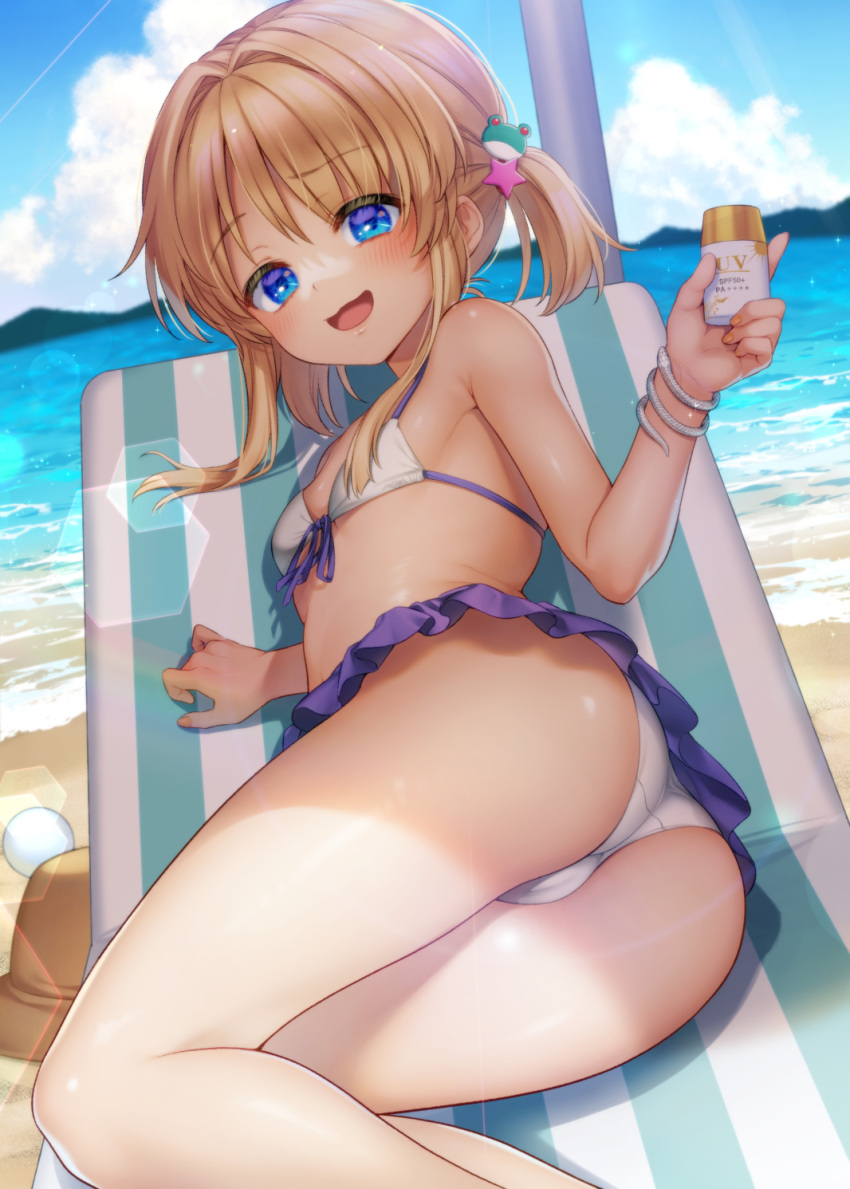 1girl ass bare_arms bare_shoulders bikini blonde_hair blue_eyes breasts commentary_request day frog_hair_ornament hair_ornament highres holding long_hair looking_at_viewer lying moriya_suwako nora_wanko on_side outdoors short_twintails small_breasts smile solo summer swimsuit touhou twintails white_bikini