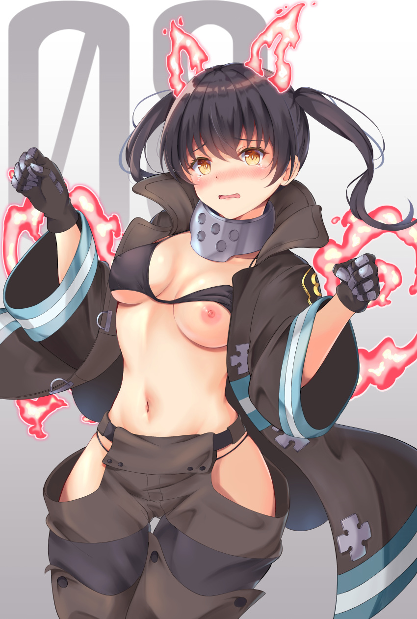 1girl absurdres baggy_pants bangs baron_(baronillust) bikini black_bikini black_coat black_gloves black_hair blush breasts cleavage clenched_hands coat commentary_request covered_nipples cowboy_shot en'en_no_shouboutai eyebrows_visible_through_hair fang fiery_ears fiery_tail fire gloves grey_pants hair_between_eyes hands_up highres hip_vent long_hair looking_at_viewer medium_breasts metal_gloves navel nipples nose_blush open_clothes open_coat open_mouth pants partial_commentary sidelocks solo standing stomach swimsuit tail tamaki_kotatsu tearing_up tears thigh_gap twintails underboob wardrobe_malfunction white_background yellow_eyes