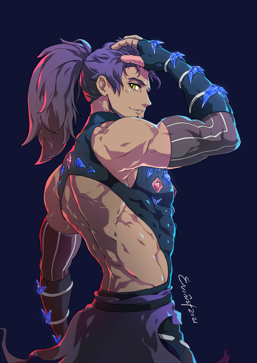 1boy bangs bare_shoulders black_background black_bodysuit black_gloves bodysuit commentary covered_abs dark-skinned_male dark_skin detached_sleeves english_commentary evinist facial_hair from_side gem gloves hand_up highres leon_(pokemon) long_hair looking_at_viewer looking_to_the_side male_focus muscular muscular_male official_alternate_costume parted_lips pokemon pokemon_(game) pokemon_masters_ex ponytail purple_hair signature simple_background smile solo tied_hair yellow_eyes