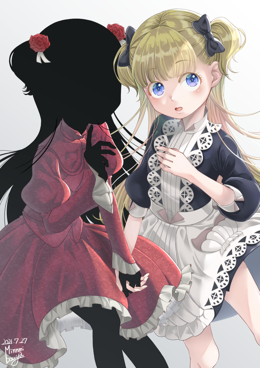 2girls apron black_bow black_dress black_hair black_skin blonde_hair blue_eyes bow colored_skin dress emilico_(shadows_house) flower hand_on_own_chest hands_clasped highres kate_(shadows_house) looking_up maid_apron minnmibouya multiple_girls open_mouth own_hands_together pointing pointing_up red_dress red_flower red_rose rose shadow_(shadows_house) shadows_house two_side_up
