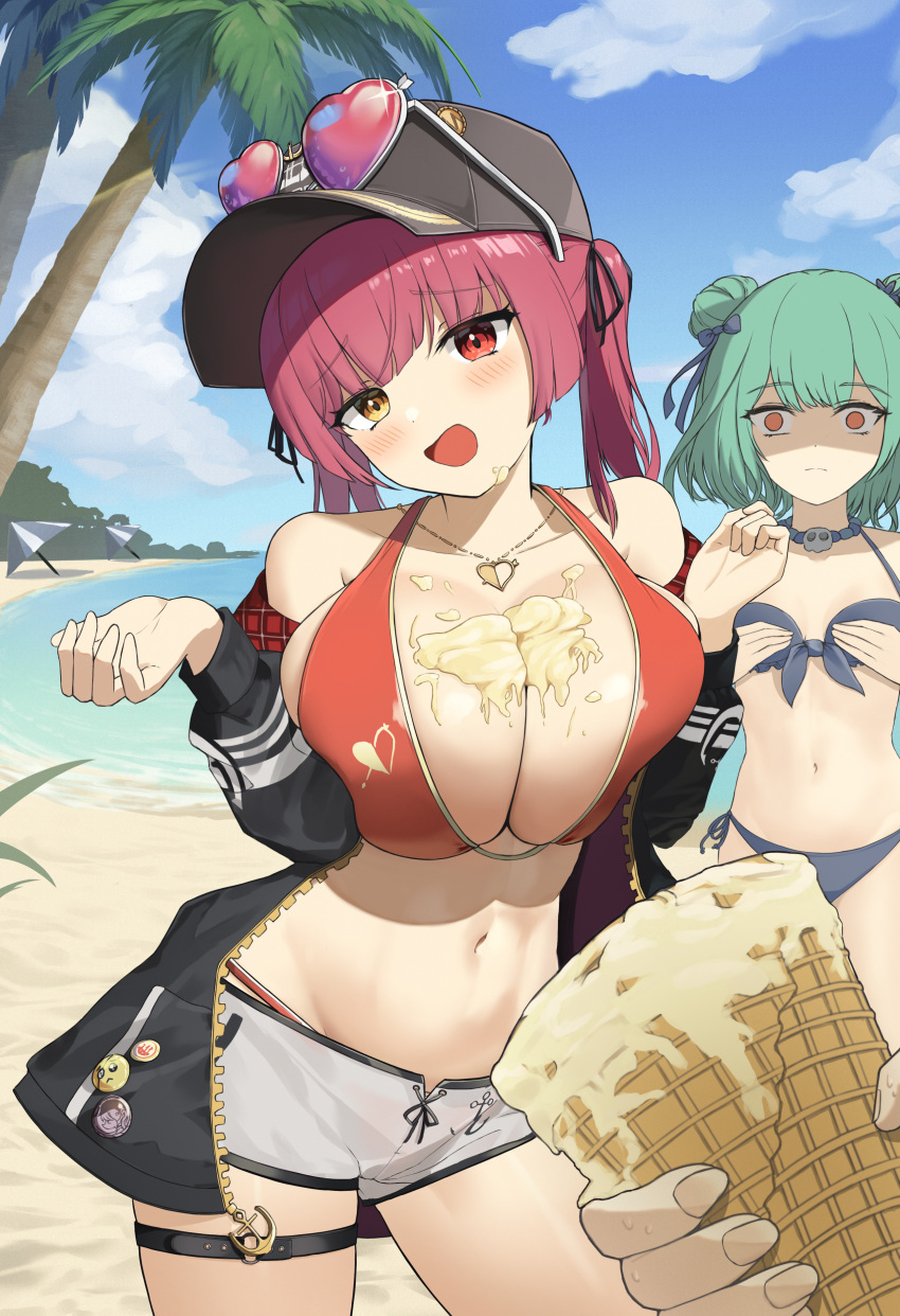 2girls absurdres bangs beach bikini black_headwear black_jacket blush breast_envy breasts bust_cup closed_mouth cowboy_shot dolphin_shorts eyebrows_visible_through_hair eyewear_on_headwear flat_chest food food_on_breasts food_on_face green_hair hat heart heart-shaped_eyewear heart_necklace heterochromia highres hololive houshou_marine huge_filesize ice_cream ice_cream_cone ice_cream_cone_spill ice_cream_on_face jacket large_breasts long_hair multiple_girls navel off_shoulder official_alternate_costume open_mouth out_of_frame palm_tree pla0658 red_eyes red_hair sand short_hair shorts solid_circle_eyes suggestive_fluid sunglasses swimsuit thigh_strap tree twintails uruha_rushia virtual_youtuber water yellow_eyes
