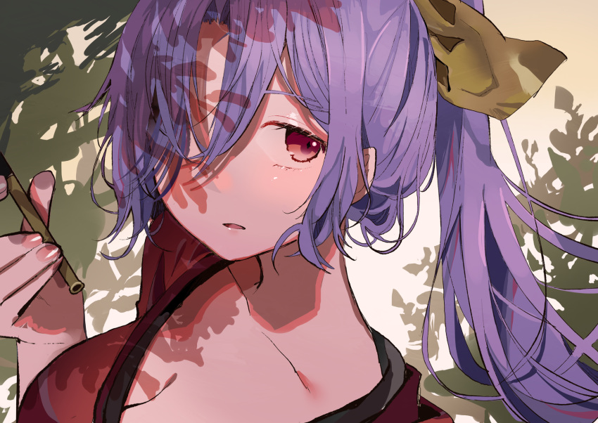 1girl breasts cleavage collarbone commentary_request expressionless eyebrows_behind_hair face fingernails hair_over_one_eye hand_up highres holding holding_pipe kiseru komakusa_sannyo long_hair looking_at_viewer parted_lips pipe ponytail purple_hair red_eyes simple_background solo tamagogayu1998 tareme touhou upper_body white_background