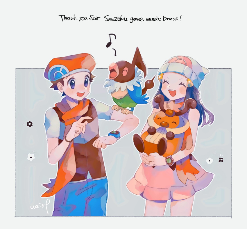 1boy 1girl :d beanie bird blue_pants blush blush_stickers chatot closed_eyes commentary_request dawn_(pokemon) english_text eyelashes gen_4_pokemon hair_ornament hairclip hanenbo hat highres holding holding_pokemon kricketot long_hair lucas_(pokemon) musical_note open_mouth orange_headwear orange_scarf pants pink_skirt pokemon pokemon_(creature) pokemon_(game) pokemon_dppt pokemon_on_arm scarf shirt short_hair short_sleeves signature skirt sleeveless sleeveless_shirt smile upper_teeth white_headwear