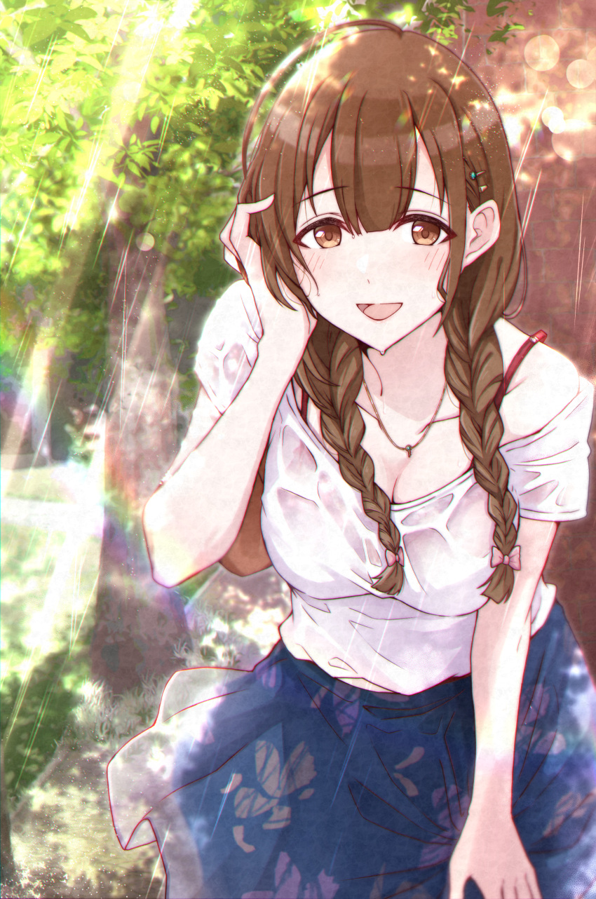 1girl :d absurdres ahoge blurry blush bokeh bow bra_strap braid breasts cleavage collarbone depth_of_field eyebrows_visible_through_hair forest glint grass hair_bow hair_ornament hairpin hand_in_hair hand_on_own_thigh highres huge_filesize idolmaster idolmaster_shiny_colors jewelry kusaka_io kuwayama_chiyuki leaning_forward looking_at_viewer medium_breasts nature necklace open_mouth print_skirt rainbow see-through shirt short_sleeves skirt smile solo sunlight twintails water_drop wet wet_clothes wet_shirt