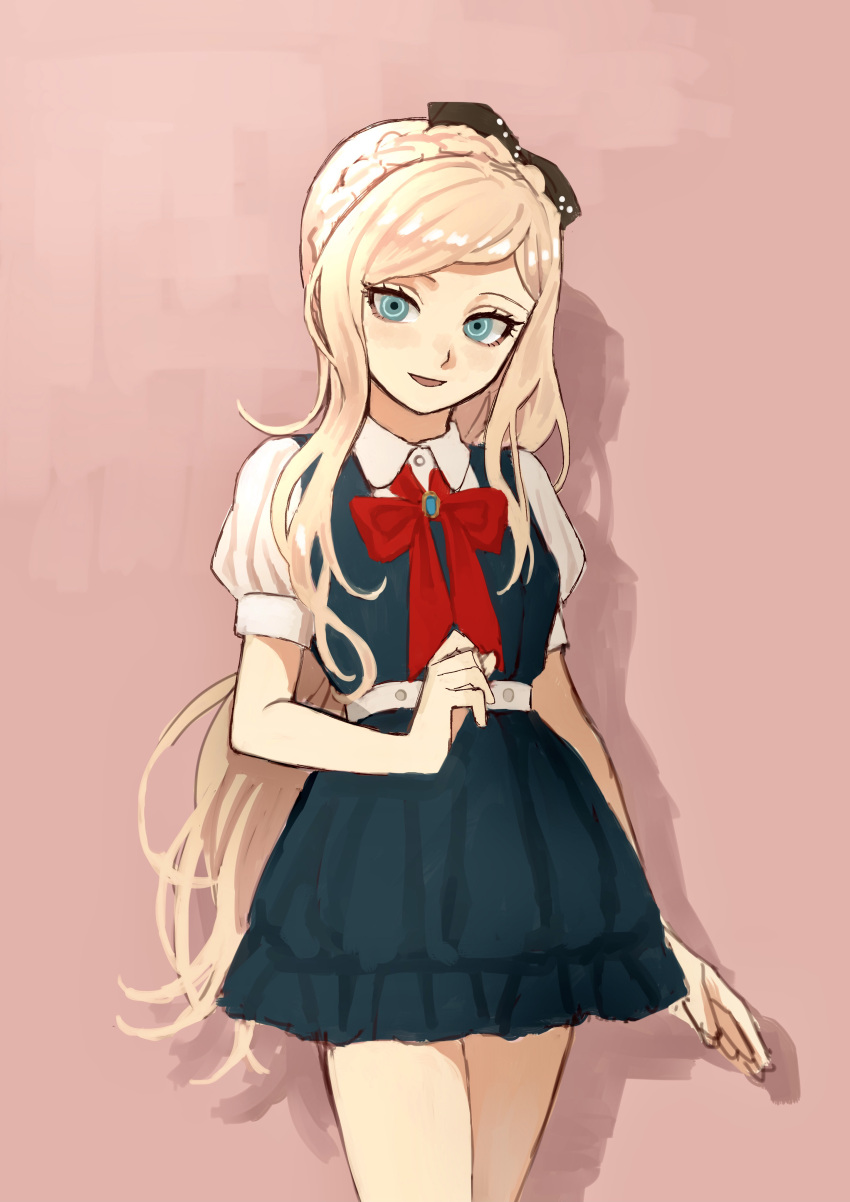 1girl :d absurdres bangs blonde_hair blue_eyes bow bowtie braid commentary cowboy_shot crown_braid danganronpa_(series) danganronpa_2:_goodbye_despair dress e_(xrpa4zlquxlfk27) french_braid hair_bow hand_up highres long_hair looking_at_viewer open_mouth pink_background puffy_short_sleeves puffy_sleeves red_bow ribbon shiny shiny_hair shirt short_sleeves simple_background smile solo sonia_nevermind standing swept_bangs very_long_hair