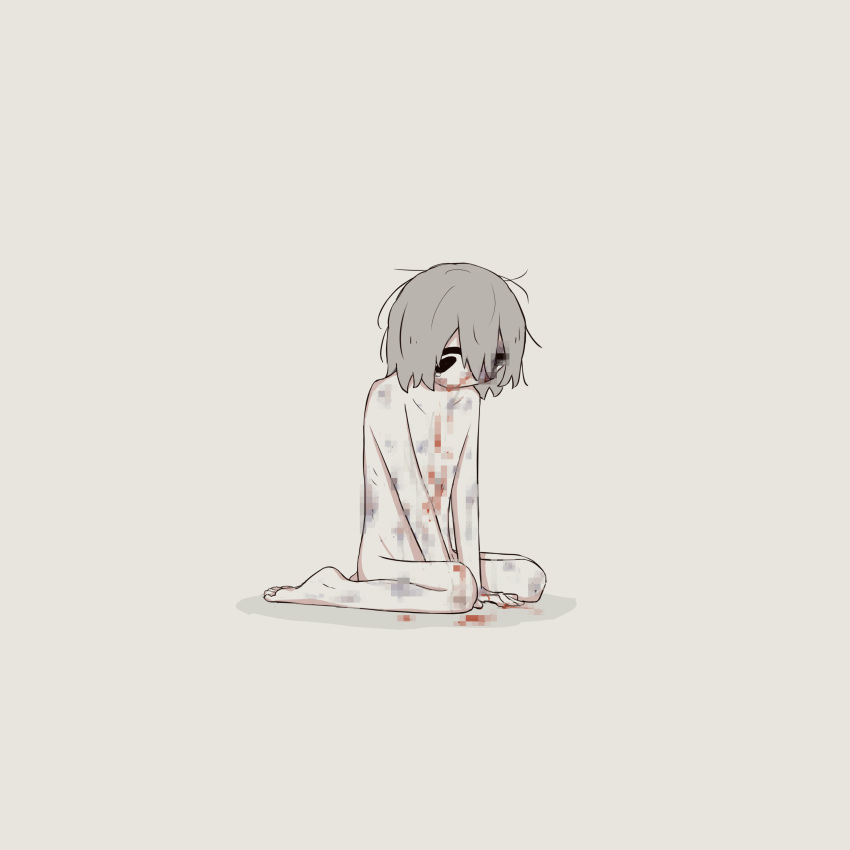 1boy absurdres avogado6 barefoot black_eyes bleeding blood bruise bruise_on_face bruised_eye censored_violence commentary completely_nude grey_background grey_hair highres injury male_focus nude original simple_background solo