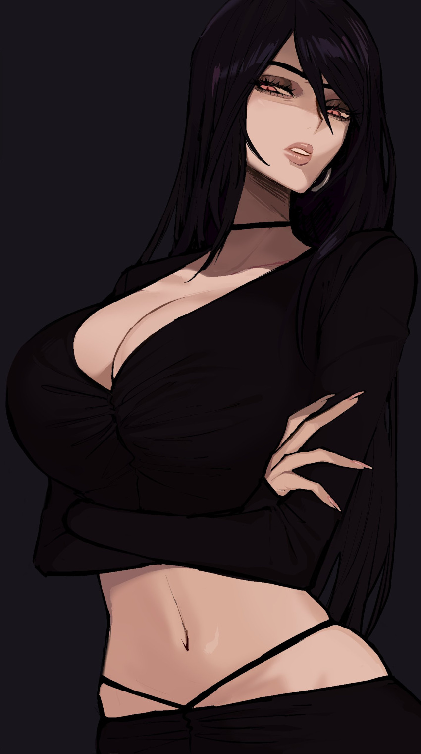 1girl absurdres arms_under_breasts black_hair breasts choker cleavage collarbone crossed_arms disgust earrings ennuigrl erato_(ennuigirl) hair_between_eyes hand_on_own_arm highres jewelry large_breasts lips long_hair midriff navel original parted_lips plunging_neckline shaded_face solo stomach upper_body yellow_eyes