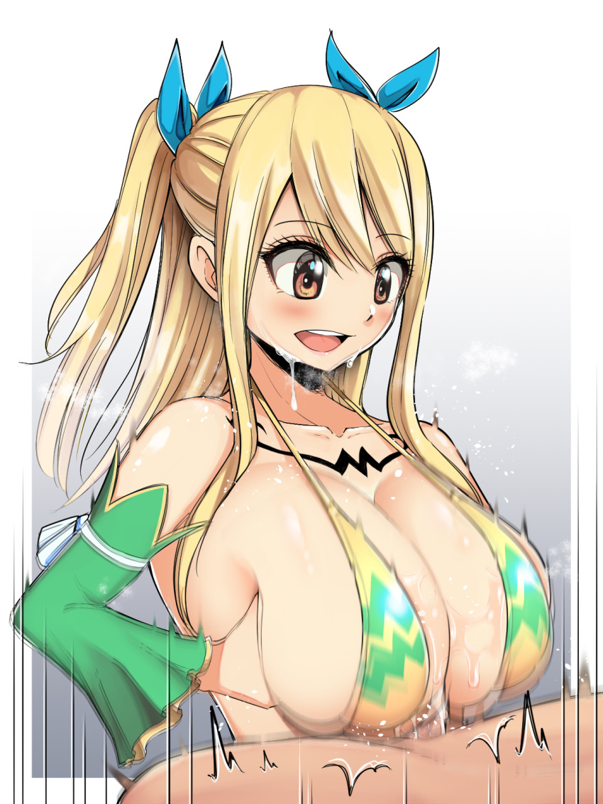 1boy 1girl bangs bikini blonde_hair blue_ribbon blush body_markings border bouncing_breasts breast_squeeze breasts breath brown_eyes cleavage commentary_request cum detached_sleeves eyebrows_visible_through_hair facial fairy_tail hair_ribbon happy_facial hetero highres large_breasts looking_at_another lucy_heartfilia motion_blur motion_lines open_mouth paizuri paizuri_under_clothes ribbon sakidesu00 sidelocks smile solo_focus strap_gap sweat swimsuit two_side_up upper_teeth wet white_border yellow_bikini