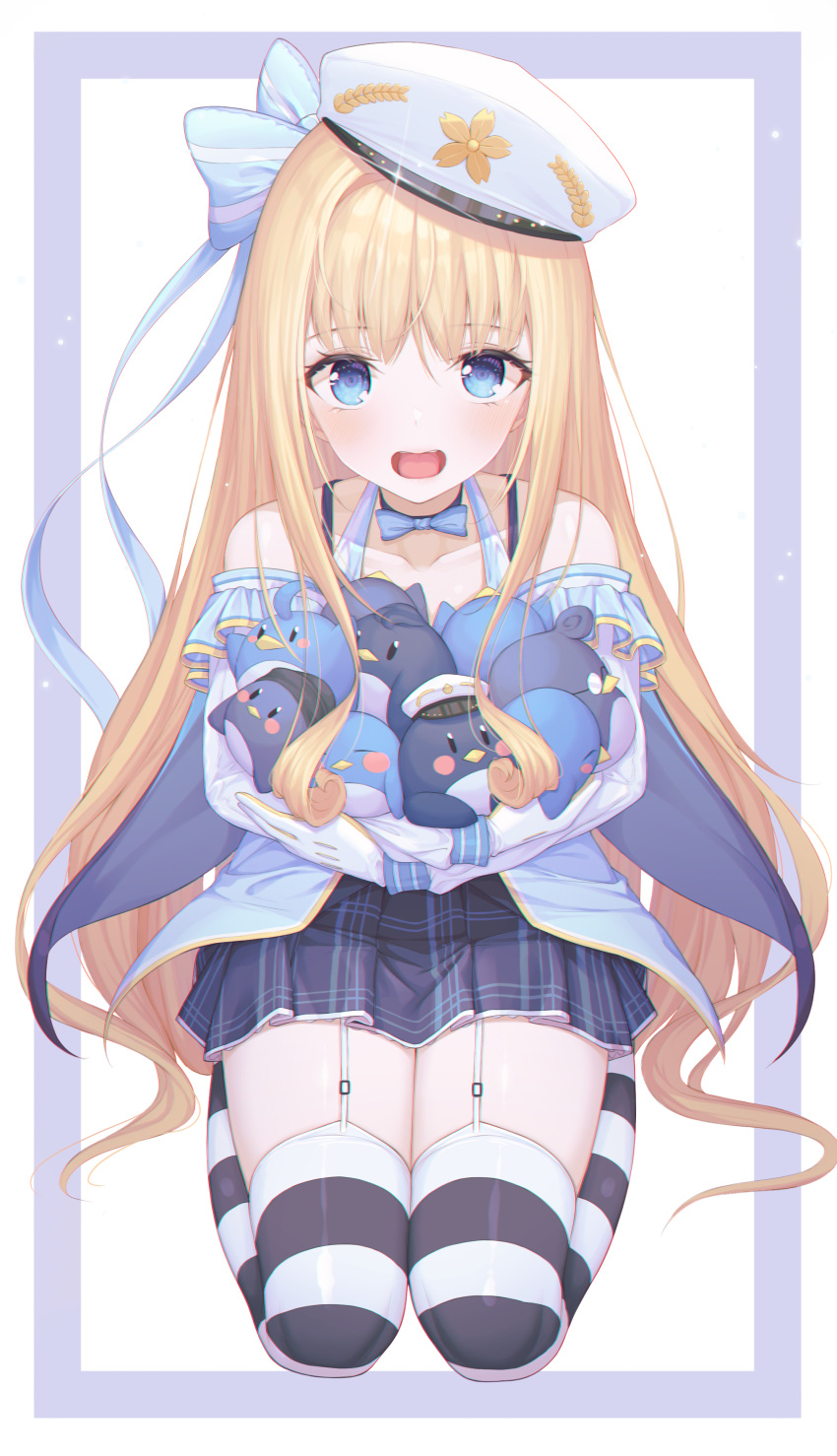 1girl absurdres aqua_bow bangs black_legwear blonde_hair blue_eyes border bow bowtie commentary eyebrows_behind_hair full_body garter_straps gloves hair_bow halterneck highres holding holding_stuffed_toy kneeling long_hair long_sleeves looking_at_viewer off-shoulder_shirt off_shoulder open_mouth original outside_border peng_kun pleated_skirt purple_border purple_skirt shirt skirt solo striped striped_legwear stuffed_animal stuffed_penguin stuffed_toy symbol-only_commentary thighhighs upper_teeth white_background white_gloves white_headwear white_legwear