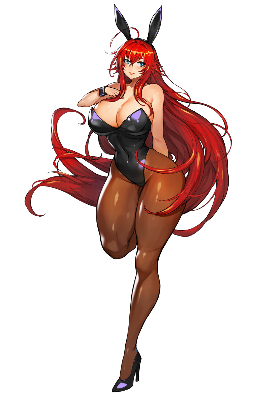 1girl absurdres animal_ears bare_shoulders black_footwear blue_eyes blush breasts brown_legwear cleavage commentary covered_navel full_body gurimjang hair_between_eyes high_heels high_school_dxd highres large_breasts leg_up long_hair pantyhose playboy_bunny rabbit_ears red_hair rias_gremory smile solo transparent_background wrist_cuffs
