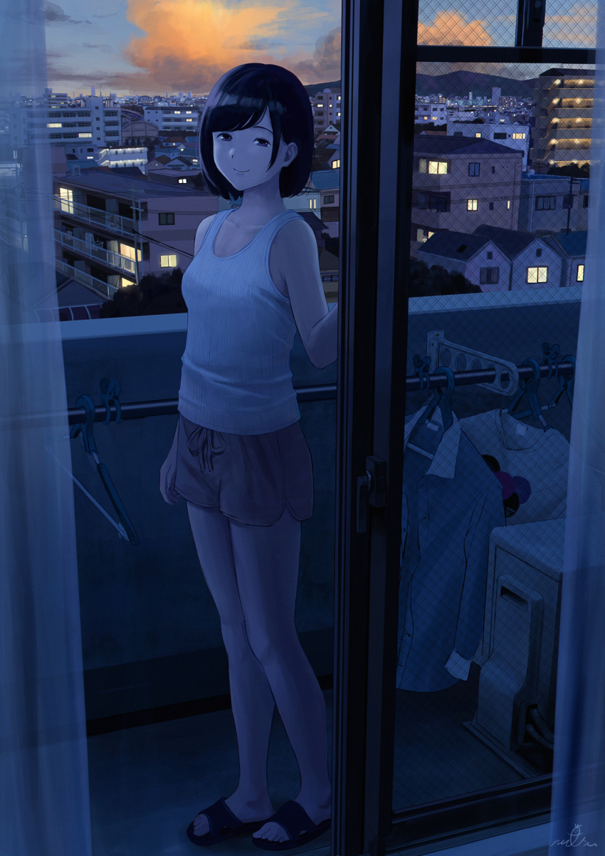 1girl balcony black_eyes black_hair bob_cut city cloud collarbone curtains full_body hand_up highres hill laundry laundry_pole looking_at_viewer original papi_(papiron100) power_lines sandals scenery shirt short_hair shorts signature sky sliding_doors smile solo sunset tank_top tree utility_pole window