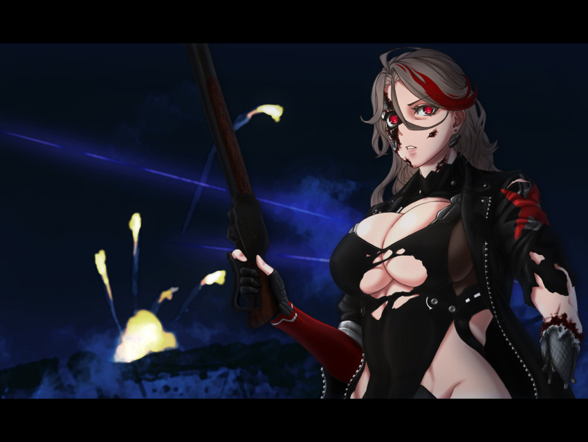 1girl android artificial_eye blonde_hair breasts damaged explosion girls'_frontline gun highres holding holding_gun holding_weapon large_breasts lever_action m1887_(girls'_frontline) mechanical_eye mechanical_parts multicolored_hair outdoors red_eyes red_hair rob_110101101 shotgun solo streaked_hair terminator_(series) terminator_2:_judgment_day weapon winchester_model_1887