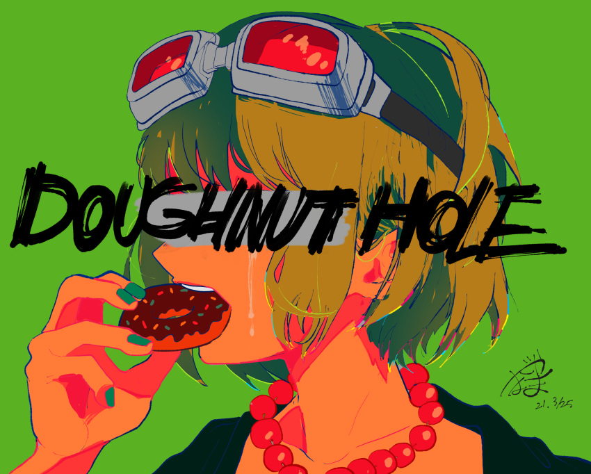 1girl aqua_nails bead_necklace beads collarbone commentary_request covered_eyes crying dated donut_hole_(vocaloid) doughnut eating english_text eyebrows food food_in_mouth goggles goggles_on_head green_background green_hair green_shirt gumi hand_up highres holding holding_food jewelry mago_oowarawa nail_polish necklace portrait shirt short_hair signature simple_background solo upper_teeth vocaloid