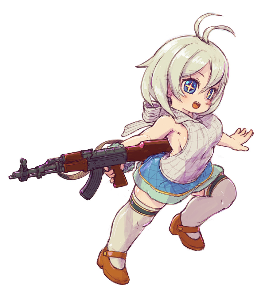 1girl ak-47 assault_rifle back_bow bangs blonde_hair blue_eyes blue_skirt blush bow breasts brown_footwear clothing_request commentary_request dennou_shoujo_youtuber_siro dot_nose eyebrows_visible_through_hair feral_lemma finger_on_trigger from_side full_body gun hair_between_eyes highres holding holding_gun holding_weapon kalashnikov_rifle looking_at_viewer looking_to_the_side magazine_(weapon) medium_hair open_mouth outstretched_arms rifle shoes sideboob simple_background siro_(dennou_shoujo_youtuber_siro) skipping skirt sleeveless solo tareme thighhighs virtual_youtuber weapon white_background