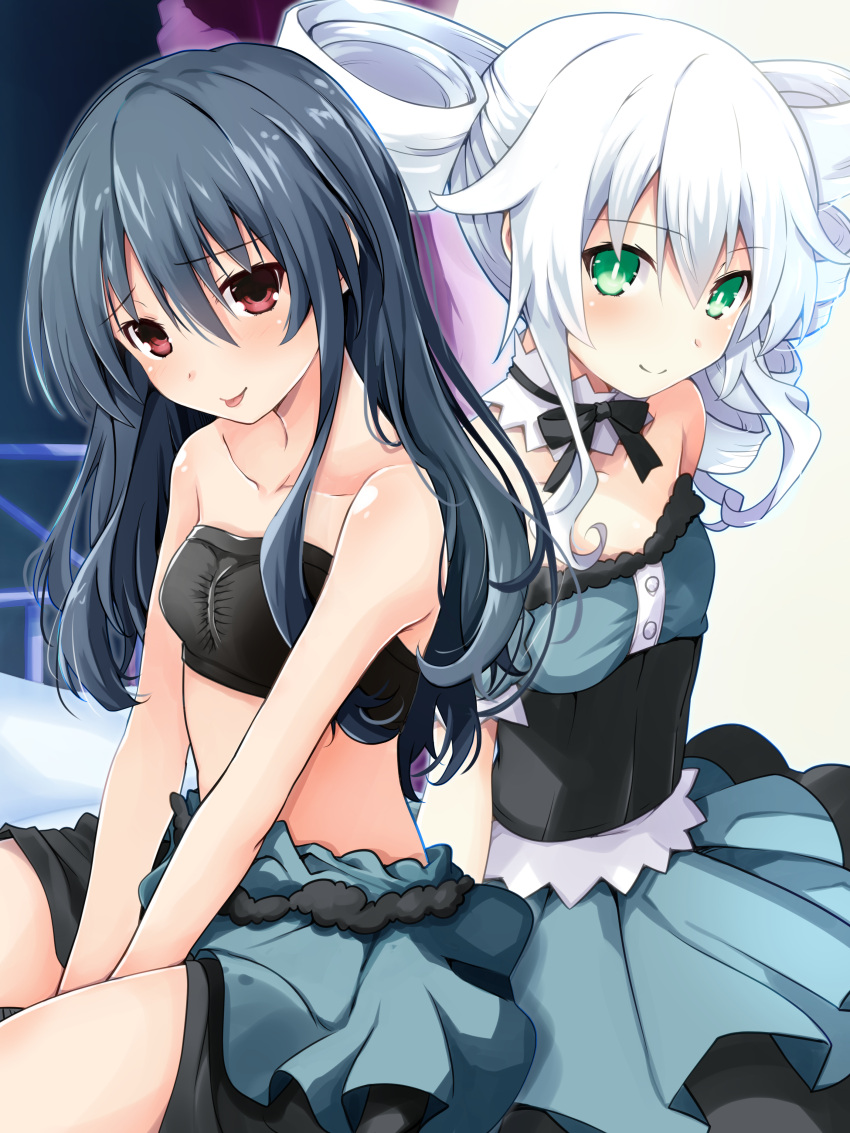 2girls :p absurdres alternate_costume alternate_hairstyle bare_shoulders between_legs black_sister blonde_hair blush breasts commentary_request crop_top detached_collar dress drill_hair dual_persona flat_chest from_side green_eyes hair_between_eyes hand_between_legs head_tilt highres iwashi_dorobou_-r- looking_at_viewer matching_outfit midriff multiple_girls neptune_(series) no_hair_ornament power_symbol red_eyes silver_hair sitting small_breasts smile symbol-shaped_pupils tongue tongue_out twin_drills twintails uni_(neptune_series)