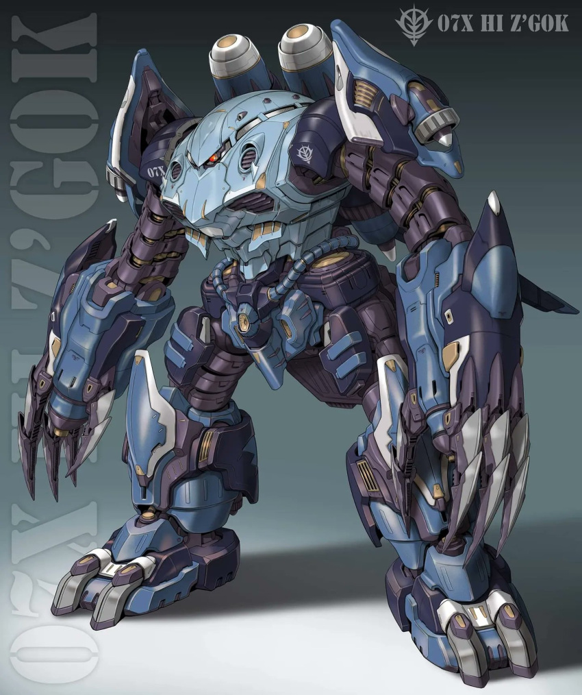 arm_cannon character_name gundam highres maeda_hiroyuki mecha mobile_suit mobile_suit_gundam no_humans one-eyed open_hand red_eyes redesign science_fiction solo weapon z'gok zeon