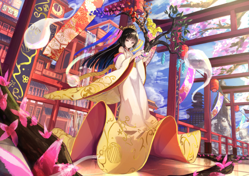 1girl architecture bangs bare_shoulders black_hair breasts cherry_blossoms dress east_asian_architecture eyebrows_visible_through_hair flower hair_ornament japanese_clothes lantern leaf long_hair looking_at_viewer original rei_(farta_litia) roots small_breasts solo torii wide_sleeves