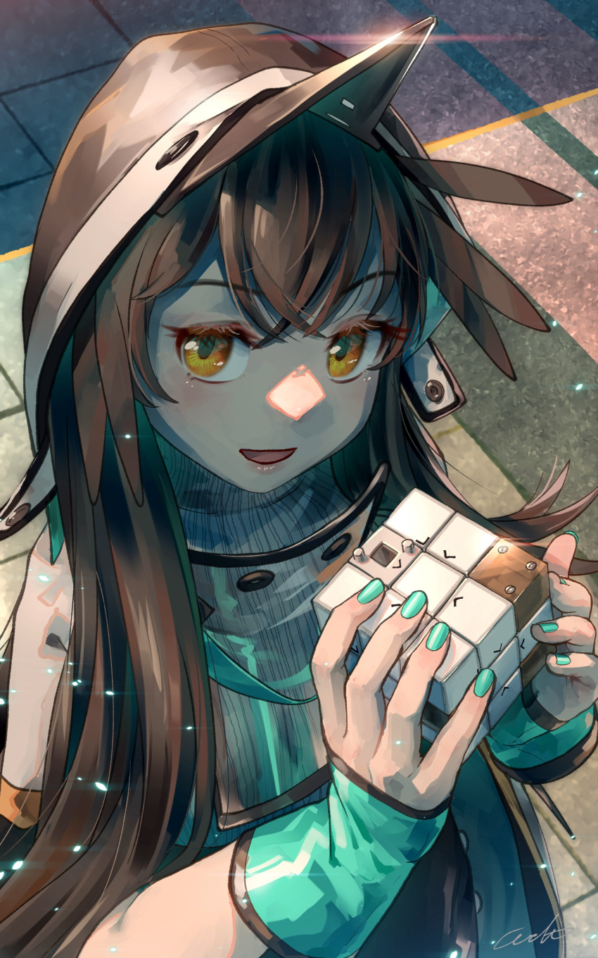 1girl absurdres aqua_nails arknights artist_name brown_hair feather_hair fingerless_gloves gloves highres holding hood kafka_(arknights) long_hair looking_at_viewer outdoors rubik's_cube smile solo welt_(kinsei_koutenkyoku) yellow_eyes