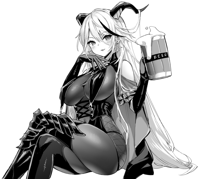 1girl aegir_(azur_lane) alcohol azur_lane beer beer_mug blush bodysuit breasts crossed_legs cup demon_horns ear_piercing eyebrows_visible_through_hair full_body greyscale hair_between_eyes holding holding_cup hori_(hori_no_su) horns large_breasts long_hair looking_at_viewer monochrome mug multicolored_hair piercing simple_background skin_tight solo streaked_hair thighs white_background