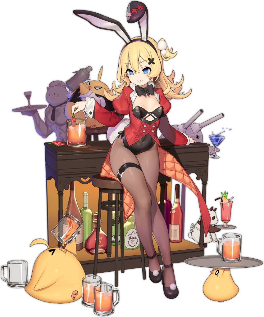 1girl abercrombie_(azur_lane) abercrombie_(mischief_on_the_rocks)_(azur_lane) animal_ears azur_lane bar_stool beer_mug bird black_legwear black_leotard black_neckwear blonde_hair blue_eyes bottle bow bowtie breasts chick chili_pepper cocktail_glass covered_navel cup drinking_glass fake_animal_ears grin hair_ornament highres holding holding_cup holding_tray jacket kinjo_kuromomo legs leotard long_hair manjuu_(azur_lane) meowfficer_(azur_lane) mug official_alternate_costume official_art panda pantyhose playboy_bunny rabbit_ears red_jacket small_breasts smile solo stool strapless strapless_leotard thigh_strap transparent_background tray x_hair_ornament