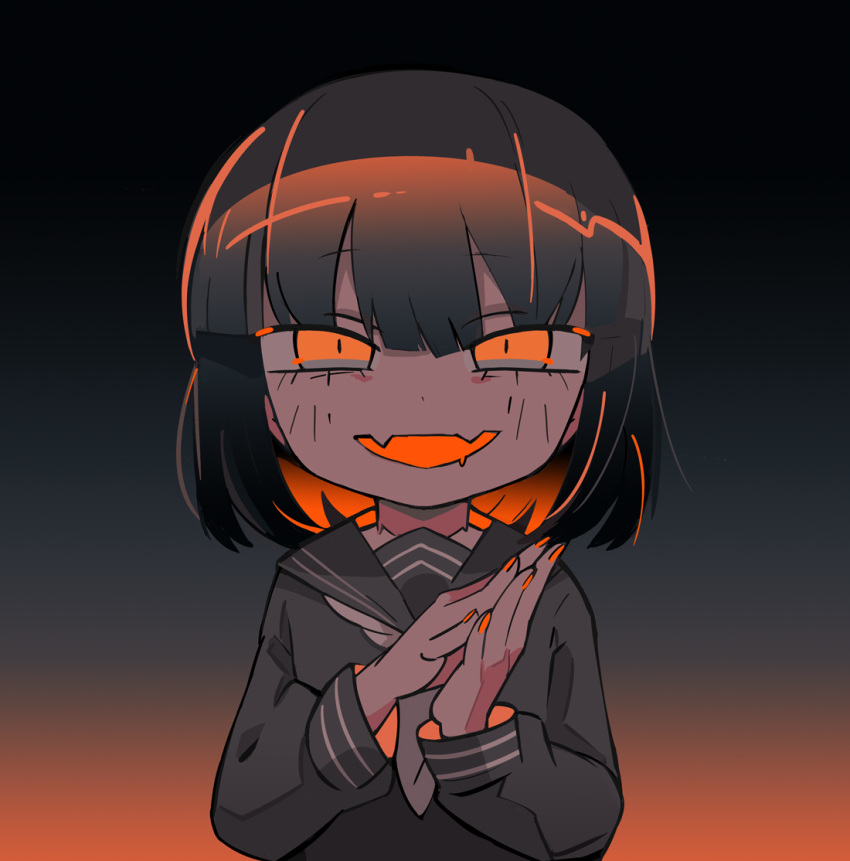 1girl black_hair black_serafuku fangs glowing_mouth gradient gradient_background hands_together looking_at_viewer medium_hair orange_eyes orange_theme original school_uniform serafuku simple_background smirk solo terada_tera