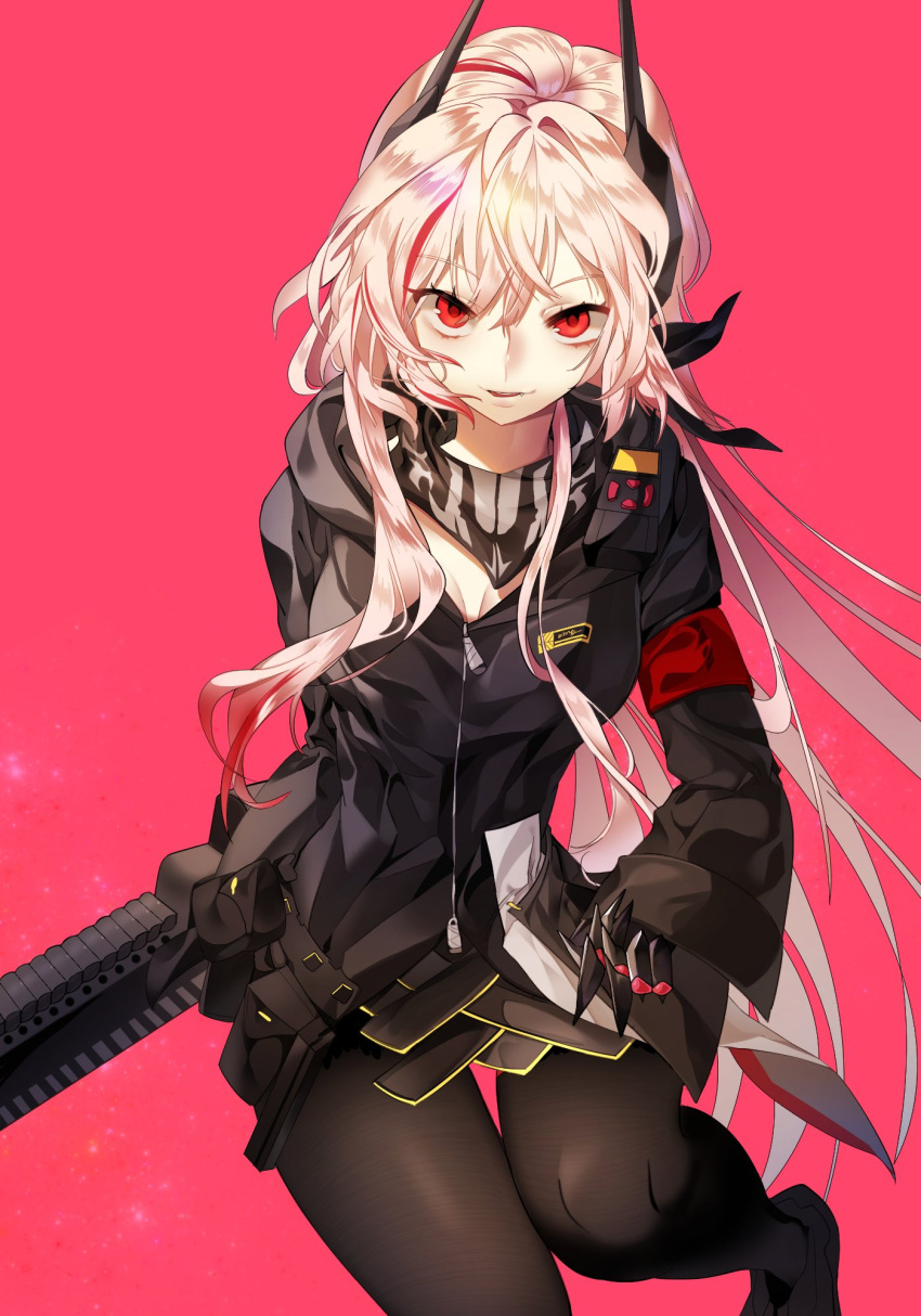 1girl armband assault_rifle bandana black_bandana black_hoodie blonde_hair breasts commentary discord_bing girls'_frontline gun headgear highres hood hood_down hoodie long_hair looking_at_viewer m4_carbine m4_sopmod_ii m4_sopmod_ii_(girls'_frontline) mechanical_arms medium_breasts multicolored_hair pantyhose red_background red_eyes red_hair rifle skull_print smile solo streaked_hair very_long_hair weapon