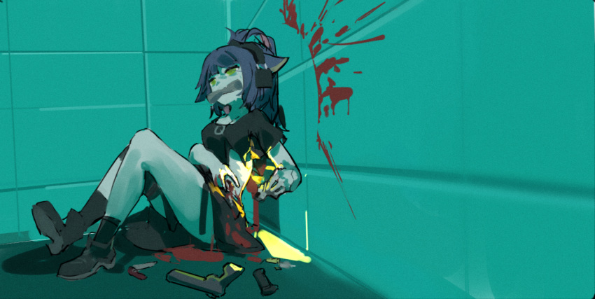 1girl animal_ears arknights bare_legs biting black_footwear black_legwear black_shirt blood blood_on_clothes blood_on_ground blood_on_hands blood_on_wall blue_hair boots breasts cat_ears cat_girl commentary_request fang first_aid full_body green_eyes gun headset in_mouth injury jessica_(arknights) lighter long_hair magazine_(weapon) medium_breasts pocketknife ponytail shinnasuka025 shirt short_sleeves sitting socks solo t-shirt tile_wall tiles torn_clothes torn_shirt weapon