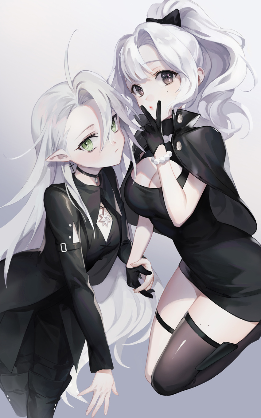 2girls black_bow black_capelet black_dress black_footwear black_gloves black_jacket black_pants boots borrowed_character bow bracelet breasts brown_eyes capelet cleavage cleavage_cutout clothing_cutout cross cross_earrings dress earrings gloves green_eyes grey_background hair_behind_ear hair_bow highres holding_hands jacket jewelry korean_commentary masa_ashe medium_breasts mole mole_on_breast mole_under_eye multiple_girls original pants pointy_ears ponytail silver_hair small_breasts v