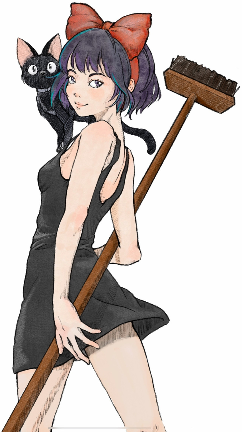 1girl animal_on_shoulder arms_behind_back bangs bare_back bare_shoulders black_cat black_dress black_eyes black_hair bob_cut bow breasts broom cat cat_on_shoulder commentary cowboy_shot dress hair_bow hairband highres holding holding_broom jiji_(majo_no_takkyuubin) kiki kkekkiiiii legs_apart looking_at_viewer looking_back majo_no_takkyuubin older red_hairband red_ribbon ribbon short_dress simple_background sleeveless sleeveless_dress small_breasts smile solo studio_ghibli teenage white_background