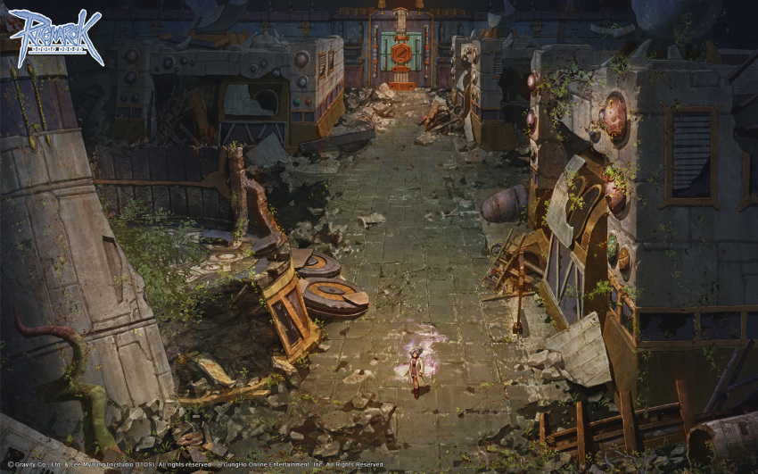 1girl boots brown_footwear building commentary_request full_body grass green_hair highres in-universe_location labcoat machine medium_hair official_art official_wallpaper outdoors overgrown plant ragnarok_online ruins scenery solo standing tile_floor tiles very_wide_shot vines watermark yakkunn