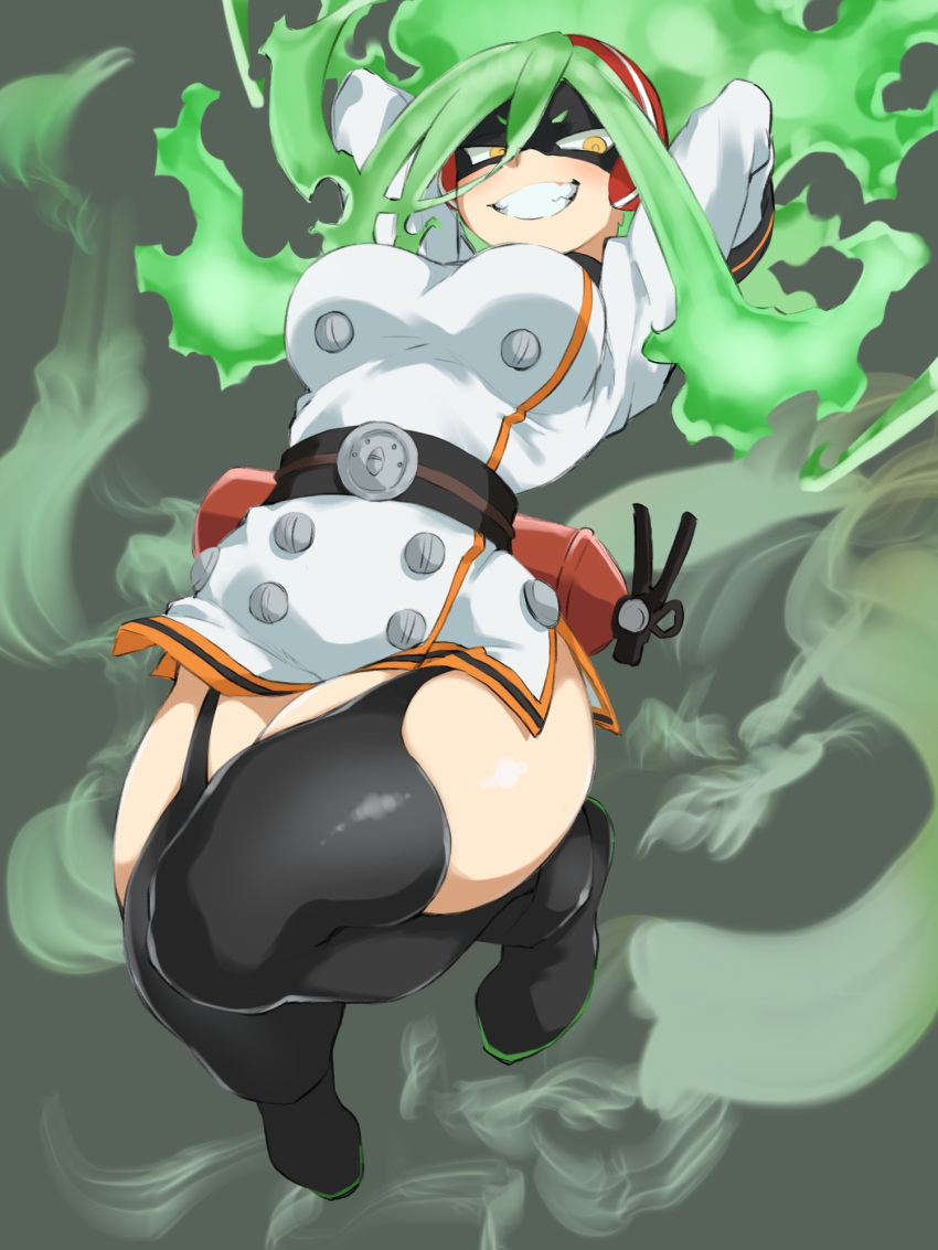 1girl black_mask boku_no_hero_academia breasts burnin_(boku_no_hero_academia) curvy domino_mask eyebrows_visible_through_mask fiery_hair fukuinu gradient_hair green_hair grin high highres looking_at_viewer mask multicolored_hair smile solo steam studded thighs underboob