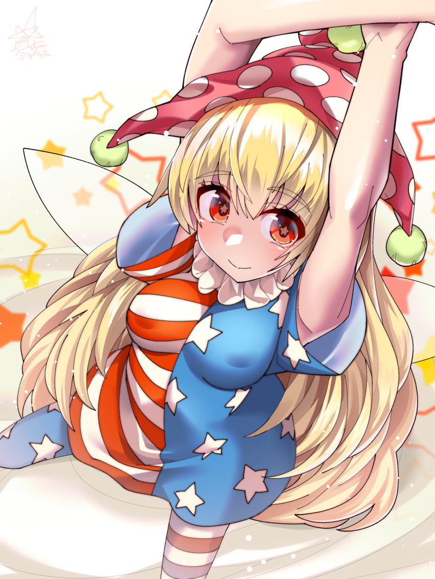 1girl american_flag american_flag_dress american_flag_legwear american_flag_shirt blonde_hair clownpiece dress fairy fairy_wings frilled_shirt_collar frills hat highres jester_cap neck_ruff pantyhose polka_dot_headwear solo star_(symbol) star_print touhou umigarasu_(kitsune1963) wings