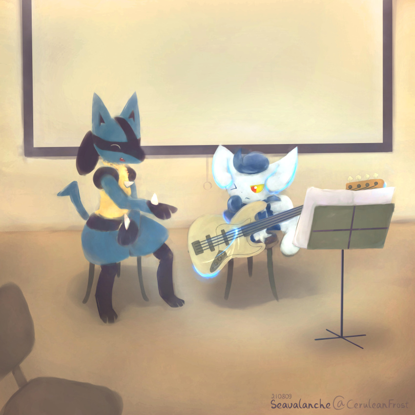 1boy 1girl absurdres classroom commentary english_commentary gen_4_pokemon gen_6_pokemon guitar highres instrument lucario meowstic no_humans pokemon seavalanche sheet_music sitting