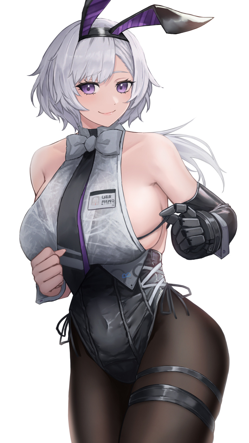 1girl absurdres animal_ears armpit_crease azur_lane backless_leotard bangs bare_shoulders beltbra black_hairband black_legwear black_leotard black_neckwear bow bowtie breasts closed_mouth collarbone commentary covered_navel cowboy_shot elbow_gloves eyebrows_visible_through_hair fake_animal_ears gloves grey_hair grey_neckwear hair_between_eyes hairband highres hitsuji_(sheepsb22) id_card large_breasts leotard leotard_under_clothes long_hair looking_at_viewer low_ponytail metal_gloves necktie official_alternate_costume pantyhose parted_hair playboy_bunny purple_eyes rabbit_ears reno_(azur_lane) reno_(reno_bunnino)_(azur_lane) shirt side-tie_leotard sideboob sidelocks simple_background single_elbow_glove sleeveless sleeveless_shirt smile solo standing thigh_strap white_background white_shirt wrist_cuffs