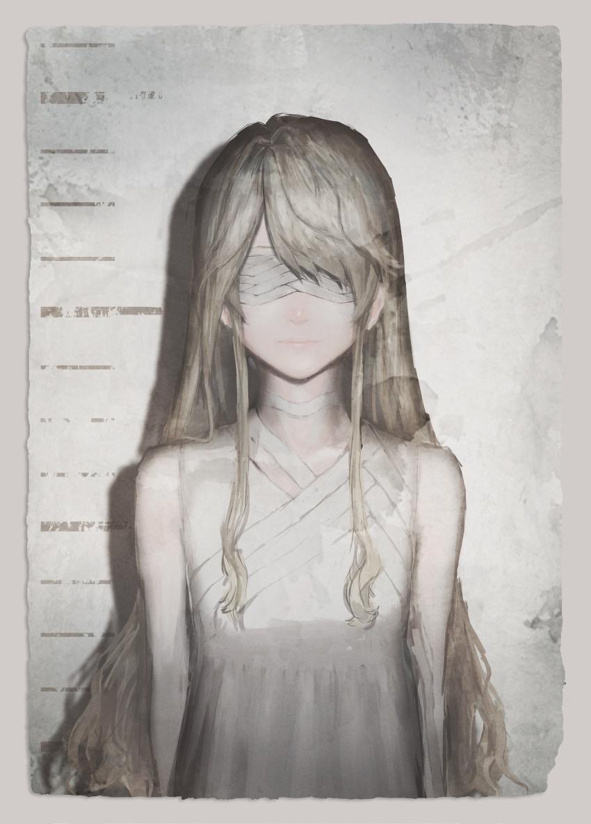 1girl absurdres bandages bandages_over_eyes bangs bare_shoulders blonde_hair choker commentary dress expressionless height_chart highres huge_filesize long_hair original photo_(object) rium_(tokiki_(tomok1)) solo tokiki_(tomok1) white_dress