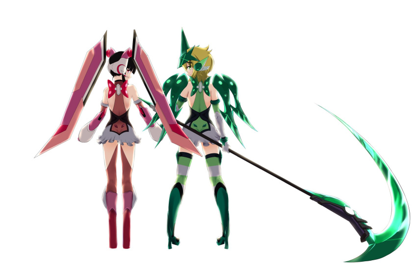 2girls akatsuki_kirika ass bare_shoulders blaze_pso2 blonde_hair blush closed_mouth elbow_gloves from_behind full_body gloves green_eyes hair_ornament high_heels highres holding_hands long_hair looking_at_viewer looking_back microskirt multiple_girls red_eyes red_legwear scythe senki_zesshou_symphogear short_hair simple_background skirt smile standing striped striped_legwear thighhighs tsukuyomi_shirabe twintails weapon white_background x_hair_ornament