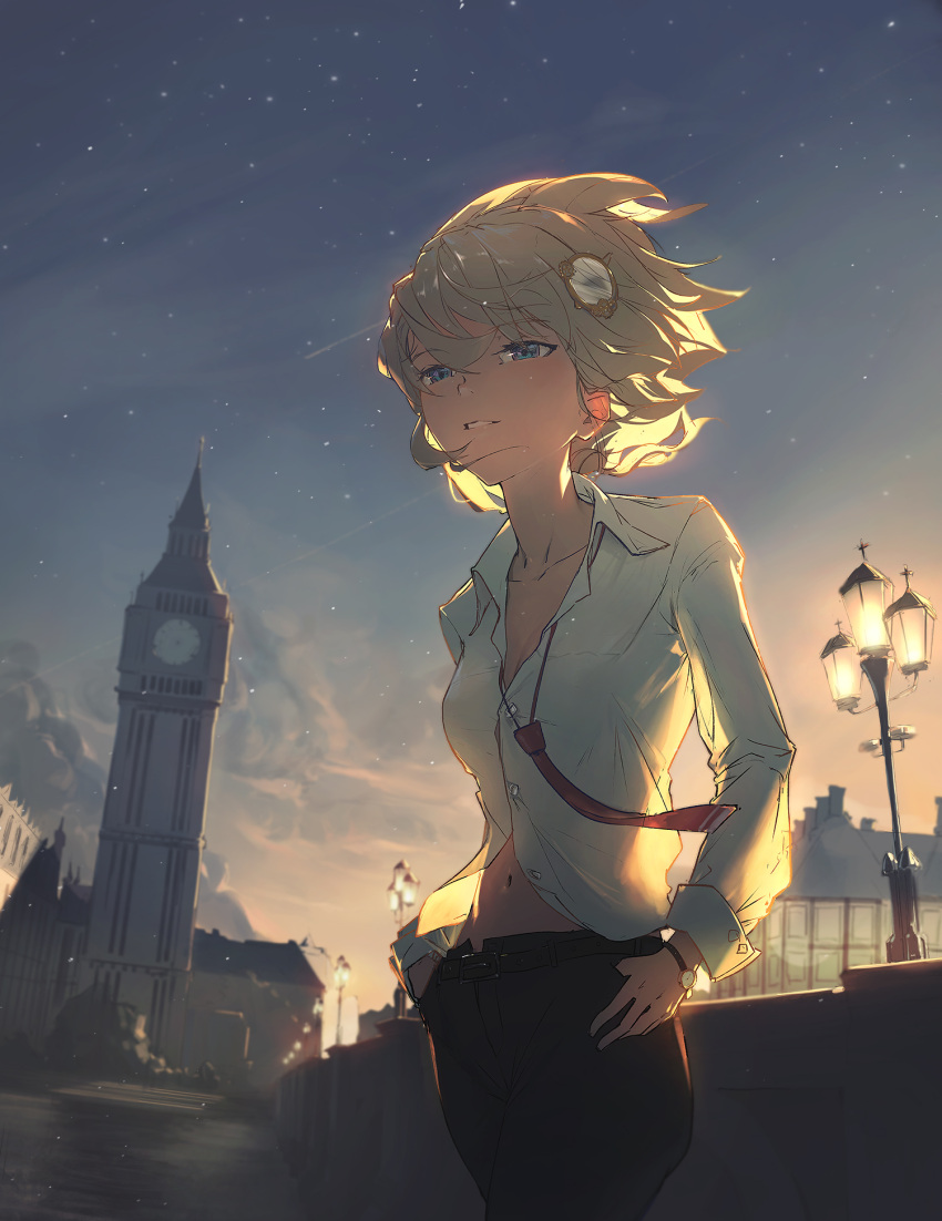 1girl adapted_costume bangs belt blonde_hair blue_eyes breasts cleavage clock clock_tower cloud collarbone collared_shirt dino_(dinoartforame) elizabeth_tower english_commentary evening eyebrows_visible_through_hair grin hands_in_pockets highres hololive hololive_english lamppost light_smile london long_neck long_sleeves looking_at_viewer loose_necktie messy_hair midriff navel necktie outdoors pants partially_unbuttoned red_neckwear scenery shirt short_hair small_breasts smile solo star_(sky) stomach swept_bangs tower twilight unzipped virtual_youtuber walking watch watson_amelia white_shirt wristwatch