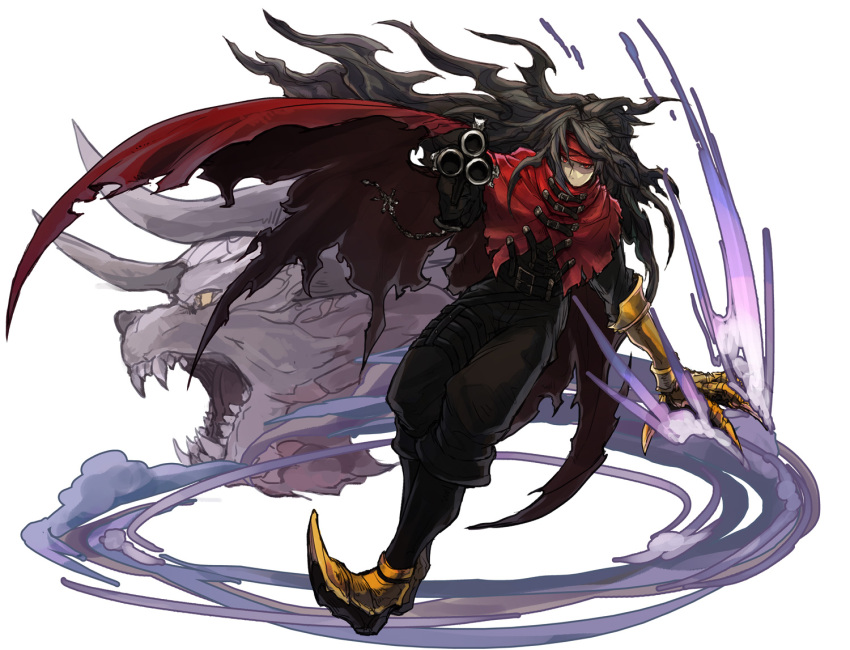 1boy black_hair clawed_gauntlets cloak fangs final_fantasy final_fantasy_vii galian_beast gun headband hidden_mouth horns long_hair male_focus messy_hair moekemari pointed_footwear red_eyes simple_background solo torn_clothes vincent_valentine weapon white_background