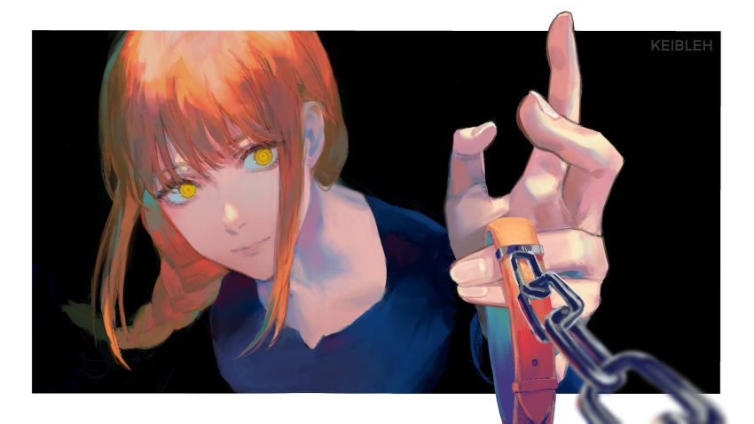 1girl chainsaw_man clothes collar highres holding keibleh looking_at_viewer makima_(chainsaw_man) red_hair shadow simple_background smile solo_focus yellow_eyes