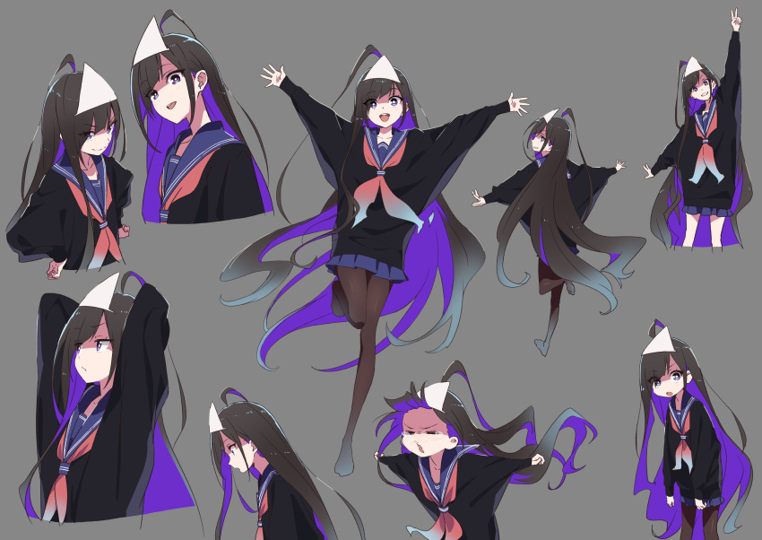 &gt;:) 1girl :d =_= absurdres ahoge arms_behind_head arms_up bangs black_hair black_shirt blue_neckwear blue_sailor_collar blue_skirt blush brown_legwear closed_eyes closed_mouth collarbone eyebrows_visible_through_hair grey_background highres long_hair long_sleeves multicolored_hair multiple_views neckerchief no_shoes nose_blush open_mouth original outstretched_arms pantyhose parted_lips pleated_skirt puffy_long_sleeves puffy_sleeves purple_eyes purple_hair red_neckwear sailor_collar shirt simple_background skirt sleeves_past_wrists smile spread_arms standing standing_on_one_leg tama_(tama-s) tears triangular_headpiece two-tone_hair upper_teeth v-shaped_eyebrows very_long_hair wavy_mouth white_headwear yurako-san_(tama)