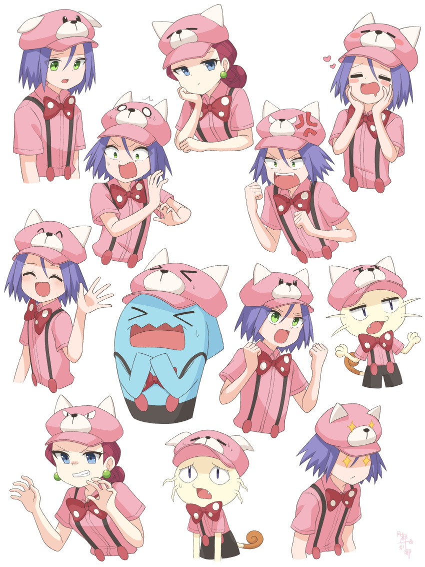 1boy 1girl angry bewear blue_eyes blush bored gen_1_pokemon gen_2_pokemon gen_7_pokemon green_eyes happy highres james_(pokemon) jessie_(pokemon) meowth pokemon pokemon_(anime) pokemon_(creature) pokemon_sm_(anime) sad surprised team_rocket tsukino_mi wobbuffet