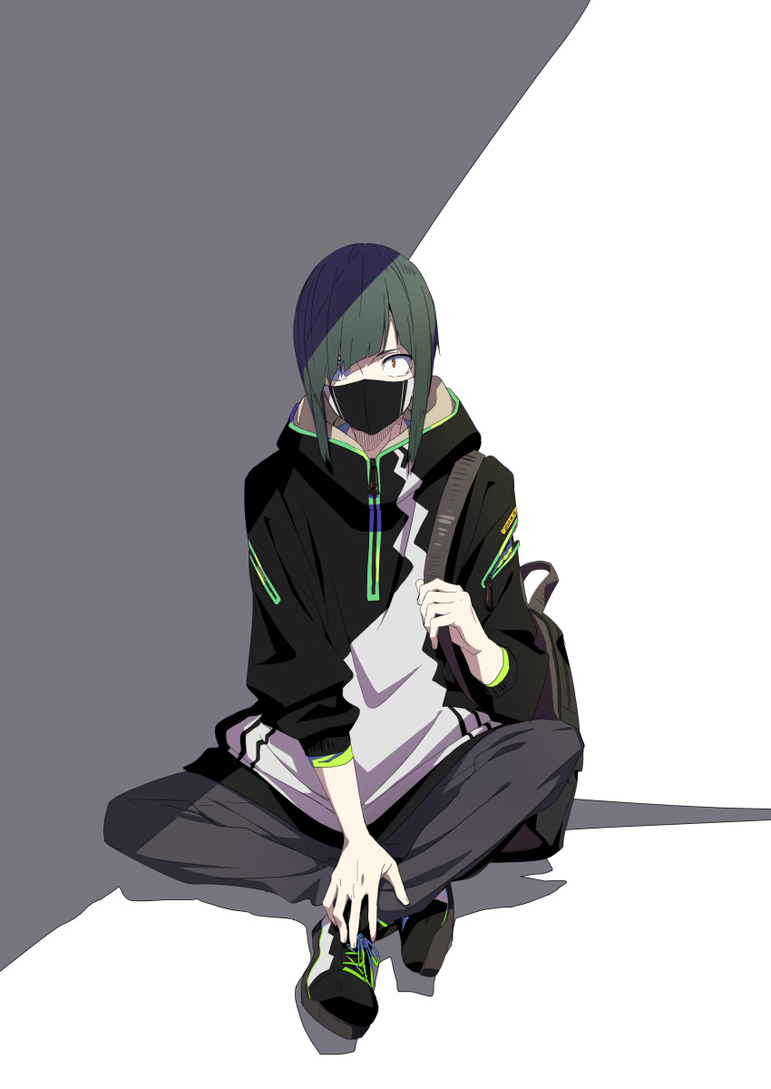 1boy absurdres backpack bag black_footwear black_jacket black_pants crossed_ankles full_body green_hair hair_over_one_eye highres jacket long_sleeves looking_at_viewer male_focus original pants red_eyes shoes sitting solo tama_(tama-s)