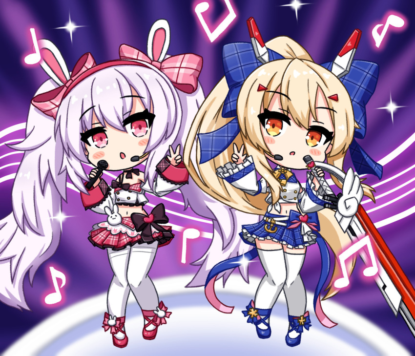 2girls anchor animal_ears ayanami_(azur_lane) ayanami_(troubled_star_idol)_(azur_lane) azur_lane bangs bare_shoulders belt blonde_hair bow chibi choker commentary_request concert detached_sleeves eyebrows_visible_through_hair fake_animal_ears frilled_skirt frilled_sleeves frills full_body greatsword hair_between_eyes hair_bow hair_ornament hair_ribbon hairband hairclip headgear headset highres holding holding_microphone holding_sword holding_weapon idol laffey_(azur_lane) laffey_(halfhearted_bunny_idol)_(azur_lane) light_purple_hair long_hair looking_at_viewer microphone midriff multiple_girls music musical_note navel orange_eyes parted_lips plaid plaid_skirt pleated_skirt ponytail rabbit_ears red_eyes retrofit_(azur_lane) ribbon shinryuu_(shinryu1226) sidelocks singing skirt sword thighhighs twintails v weapon white_legwear wide_sleeves zettai_ryouiki