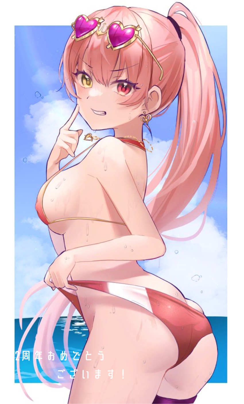 1girl ass bangs bikini bikini_pull border breasts butt_crack clothes_pull cowboy_shot earrings eyebrows_visible_through_hair eyewear_on_head from_side hair_tie heart heart-shaped_eyewear heart_earrings heart_necklace heterochromia highres hololive houshou_marine jewelry looking_at_viewer looking_back medium_breasts negima_(le_ne38) ocean ponytail red_eyes red_hair smirk solo strap_gap sunglasses swimsuit thigh_strap translation_request v-shaped_eyebrows virtual_youtuber water water_drop wet white_border
